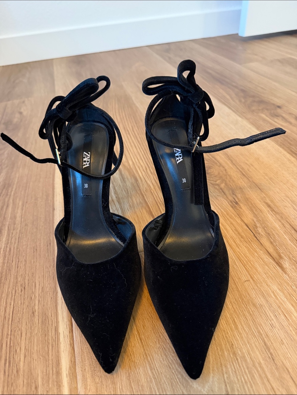 Zara Black Pointed Lace-Up Stiletto Heels velvet